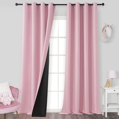 MRTREES Lichtdichte Vorhänge Schwerer Vorhang Dicker Stoff Thermogardinen Kälteschutz Wärmeisolierend, 260 cm Lang, 100% Blackout Curtains 140cm Breit, Ösenvorhang 2er Pack Rosa für Kinderzimmer von MRTREES