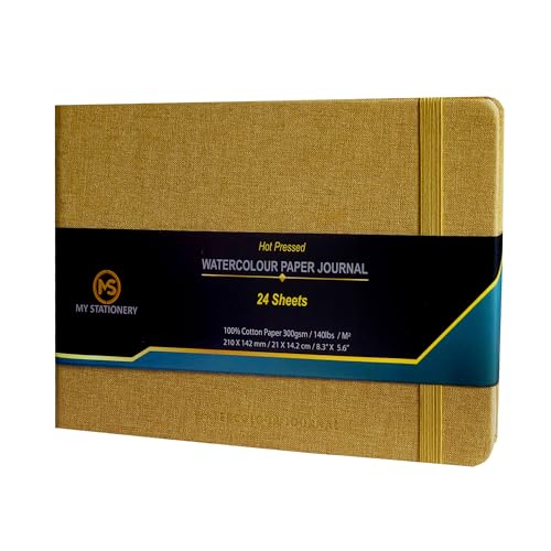 A5 Aquarellblock, heißgepresstes Skizzenbuch, Leinenstoff, Hardcover, Faden, genähtes Bindungspapier, Tagebuch, 300 g/m², 100 % Baumwolle, cremefarbenes Papier, 24 Blatt, hellgoldener Einband von MS MY STATIONERY