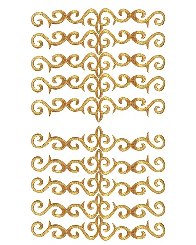 10 Stück metallisch bestickte Aufnäher zum Aufbügeln mit Rankenborte, Spitzenapplikation, langes Schnörkelmotiv für Hochzeit, Brautkleid, Kleid, Kissen, Nähzubehör, Verzierung (Gold) von MSCFTFB