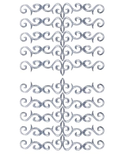 10 Stück metallisch bestickte Aufnäher zum Aufbügeln mit Rankenborte Spitze Applikation langes Schnörkelmotiv für Hochzeit Brautkleid Kleid Kissen Nähzubehör Verzierung (Silber) von MSCFTFB