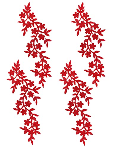 4 Stück 25,4 x 12,7 cm lange Blumenranke mit Blatt zum Aufbügeln, bestickte Applikation für Kleidung, Vorhang, Kissen, Decken, Besätze, Schuhe, Jeans, Kleidung, Verzierungen (rot) von MSCFTFB