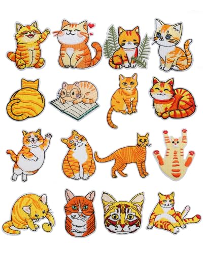 Aufnäher mit niedlichem Katzenmotiv, bestickt, zum Aufbügeln für Kleidung, orangefarbene Tiere, Stoffreparaturflicken für Jeans, Hut, Jacke, Rucksack, Schuh, Rucksack, dekorative Applikation, 16 Stück Aufnäher mit niedlichem Katzenmotiv, bestickt, zum Aufbügeln für Kleidung, orangefarbene Tiere, Stoffreparaturflicken für Jeans, Hut, Jacke, Rucksack, Schuh, Rucksack, dekorative Applikation, 16 Stück von MSCFTFB