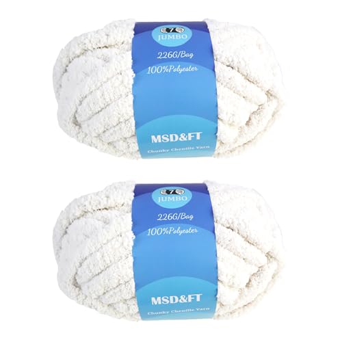 MSD&FT Grobes Chenille-Garn, weich, flauschig, extra groß und einfach zu verwenden, zum Armstricken, 2 Stück (2 Knäuel, jeder Strang 27 m, 227 g) (Weiß-2) von MSD&FT