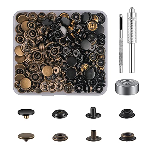 50 Sätze Druckknöpfe Set, Bronzed+Schwarz Button Werkzeug Metall Fastener Druckknopf Schraubbar Edelstahl Muttern und Bolzen Set für Kleidung Leder Handwerk Jacke Brieftasche Handtasche(203 Stück) von MSDADA