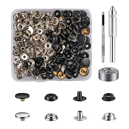 50 Sätze Druckknöpfe Set, Silber+Schwarz Button Werkzeug Metall Fastener Druckknopf Schraubbar Edelstahl Muttern und Bolzen Set für Kleidung Leder Handwerk Jacke Brieftasche Handtasche(203 Stück) von MSDADA