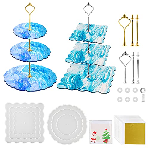 MSDADA 2 Satz Epoxidharz Formen für Ständern, 3 Stöckig Kuchenteller Kuchenständer Resin Silikonform Gießform mit Metallstange, Obst Tablett DIY Harz Mold für Handwerk Tortenständer Cupcake Dessert von MSDADA