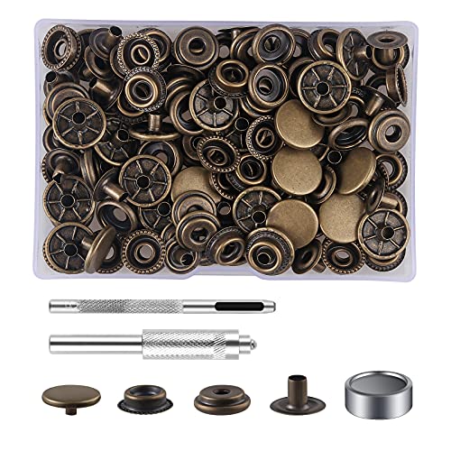 MSDADA 37 Sätze Druckknöpfe Set, Kupferfarben Button Werkzeug Metall Fastener Druckknopf Schraubbar Edelstahl Muttern und Bolzen Set für Kleidung Leder Handwerk Jacke Brieftasche Handtasche(148 Stück) von MSDADA