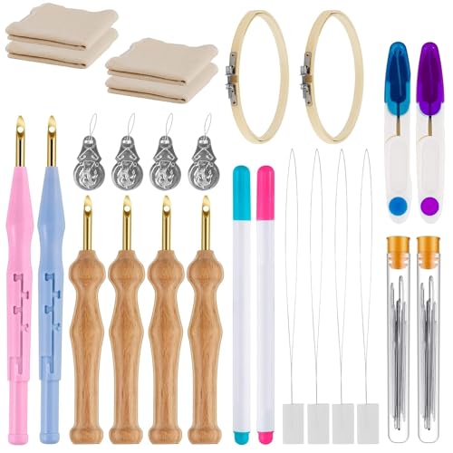 Stickerei Starter kit, Stickgarnituren Verstellbare Garnstanznadel Punch Needle, Stickstift aus Holzgriff, Stanznadeltuch, Nadelfädler, für Handwerk Stitching Applique-Verzierungen Anfänger(Blue+Rosa) von MSDADA