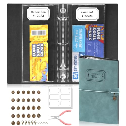 Blaues PU-Leder-Tagebuch, 3-Loch-Ticket-Halter, Album, Ticket-Organizer, mit 40 PVC-Taschen, 42 DIY-Stickies, 26 Buchstaben-Charms zum Sammeln von Filmen, Konzerten, Tickets, Quittungen, 15,2 x 22,9 x Blaues PU-Leder-Tagebuch, 3-Loch-Ticket-Halter, Album, Ticket-Organizer, mit 40 PVC-Taschen, 42 DIY-Stickies, 26 Buchstaben-Charms zum Sammeln von Filmen, Konzerten, Tickets, Quittungen, 15,2 x 22,9 x von MSHUNKEJI