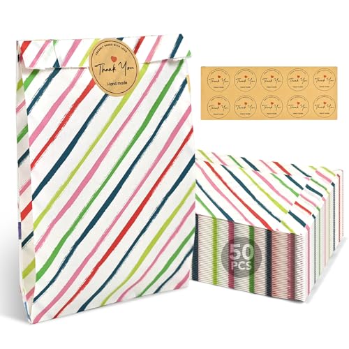 MSLHUB 50 Stück Papiertüten Kraftpapier Bunt, Geschenktüten Kindergeburtstage mit Aufkleber, Klein Mitgebsel Tüten Candy Papier für Party und Festival 17.1x12.9x3cm (Streifen) von MSLHUB