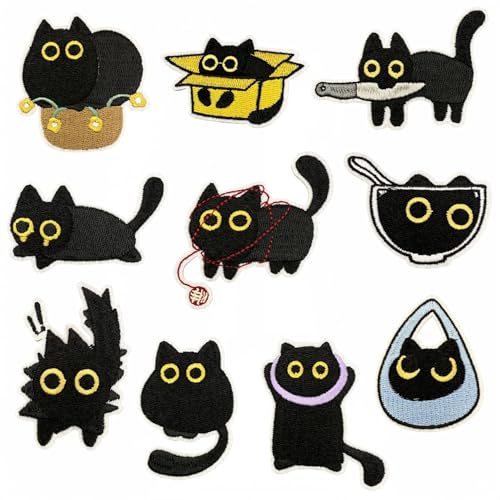 10 Stickerei-Aufnäher, schwarze Katze, bestickt, Nähen/Bügeln/selbstklebend. Gepaart mit selbstklebenden Aufklebern, schneiden Sie entlang der Patch-Form für selbstklebende Verwendung. Geeignet für von MSLSOZ