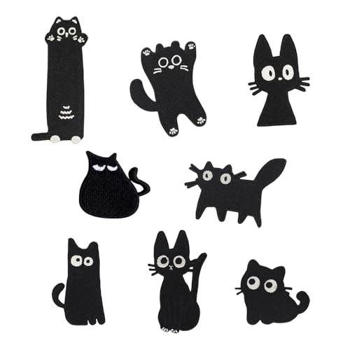 8 Stickerei-Aufnäher, schwarze Katze, bestickt, zum Aufnähen/Selbstkleben, niedliches Tier, geeignet für Kleidung, Rucksäcke, Hüte von MSLSOZ