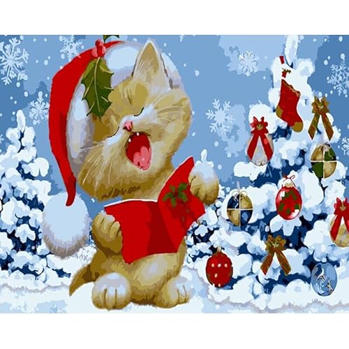 Malen nach Zahlen Erwachsene singende Weihnachtskatze 40x50 cm Paint by Numbers ohne Rahmen DIY Öl Acryl Leinwand Bild Dekoration Weihnachten Katze Schnee Winter von MT Majami