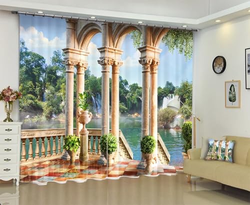 Mtddyyds 3D Blickdichter Vorhang Pflanzen Bäume Landschaft Garten 300X280 Verdunkelungsvorhang - Ösenvorhänge Für Jungen/Mädchen - Kinderzimmer Für Wohnzimmer - 2 Panel Verdunkelungsvorhang von MTDDyyds