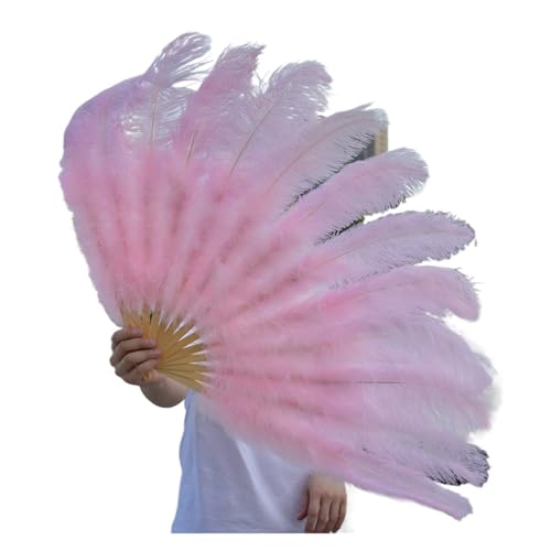 MTKSFDC Feder TanzfäCher 1/2 stücke Natürliche Feder Fan for 13 Knochen Große Hand Gehalten Faltbare Fan 100/130CM Handwerk Karneval Hochzeit Bühne Tanz Dekor(Light pink,Big Fan 1pc) von MTKSFDC