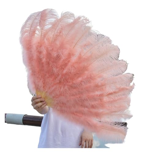 MTKSFDC Feder TanzfäCher 1/2 stücke Natürliche Feder Fan for 13 Knochen Große Hand Gehalten Faltbare Fan 100/130CM Handwerk Karneval Hochzeit Bühne Tanz Dekor(Shrimp Pink,Big Fan 1pc) von MTKSFDC