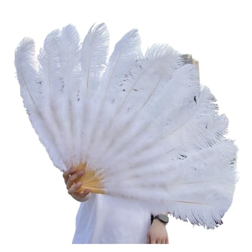 MTKSFDC Feder TanzfäCher 1/2 stücke Natürliche Feder Fan for 13 Knochen Große Hand Gehalten Faltbare Fan 100/130CM Handwerk Karneval Hochzeit Bühne Tanz Dekor(White,Small Fan 1pc) von MTKSFDC