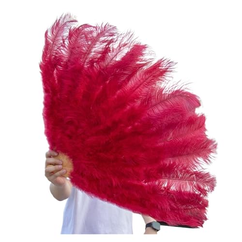 MTKSFDC Feder TanzfäCher 1/2 stücke Natürliche Feder Fan for 13 Knochen Große Hand Gehalten Faltbare Fan 100/130CM Handwerk Karneval Hochzeit Bühne Tanz Dekor(Wine red,Big Fan 1pc) von MTKSFDC