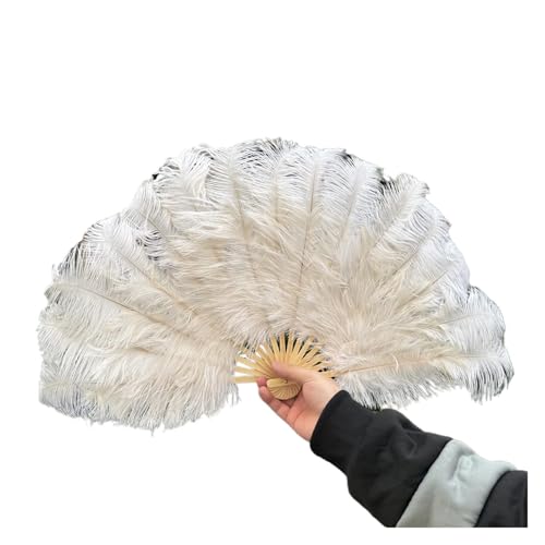 MTKSFDC Feder TanzfäCher Bunter Handfächer aus Naturfedern, 70 cm, Faltbarer Federfächer for Tanzpartys, Bühnenkarnevals-Requisiten(White,1 PCS 70cmx40cm Left) von MTKSFDC