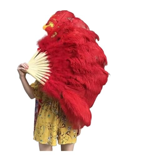MTKSFDC Feder TanzfäCher Fächer aus natürlichen Federn, 13 Knochen, großer, Faltbarer Handfächer for Karnevalsaufführungen, Tanzfans, Partys, Bühnenshows, Requisiten(Red) von MTKSFDC