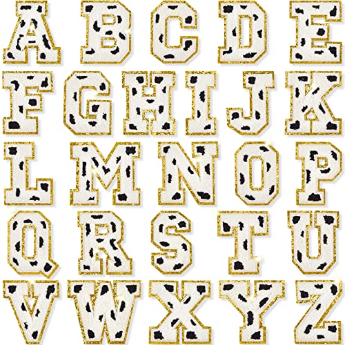 26 Stück Chenille Buchstaben Aufnäher zum Aufbügeln auf Buchstaben Patch Varsity Buchstaben Patches Glitzer Chenille Patches A-Z Patch bestickt Patch Gold Border Aufnäher für Kleidung (Kuhfarbe) von MTLEE