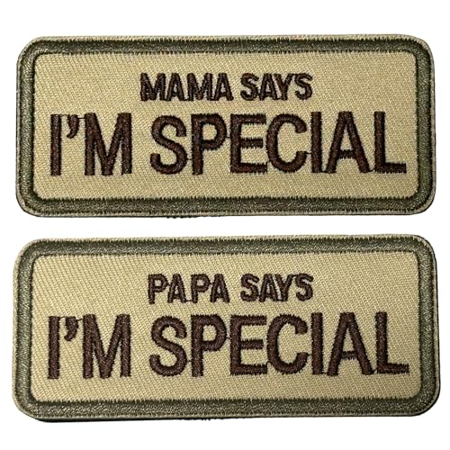 2 x khakifarbene Aufnäher mit Aufschrift "Mama/Papa Says I'm Special", taktische Militär-Patches, moralisch, lustig, bestickt, Klettverschluss, für Kleidung, Jacken, Jeans, Rucksack, Hut, Westen 2 x khakifarbene Aufnäher mit Aufschrift "Mama/Papa Says I'm Special", taktische Militär-Patches, moralisch, lustig, bestickt, Klettverschluss, für Kleidung, Jacken, Jeans, Rucksack, Hut, Westen von MUBAL