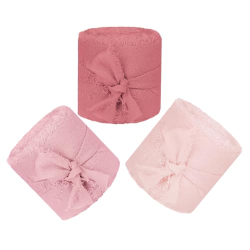MUCKLILY 3 Rollen Breites Chiffonband mit Fransen Je Rosa Farbverlauf Seidiges Geschenkband für Hochzeitseinladungen Brautsträuße DIY Dekorationen und Festliche Verpackungen von MUCKLILY