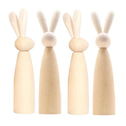 MUCKLILY 4 Stück Holz-Kaninchen-Desktop-Ornament unbemalt Hase Handwerk Tisch Holztiere zum bemalen Holzkaninchen Steckpuppen unvollendet Peg-Puppen Kunstfiguren aus Holz Beige von MUCKLILY