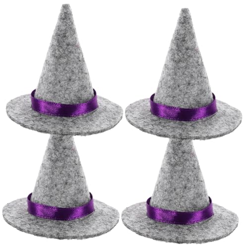 MUCKLILY 4 Stück Mini Hexenhüte aus Grauem Filz Handgemachte Halloween Weinflaschen Deko Winzige Hexenhüte für Basteln Puppen und Party Dekoration Festliche Flaschenaufsätze für Halloween von MUCKLILY