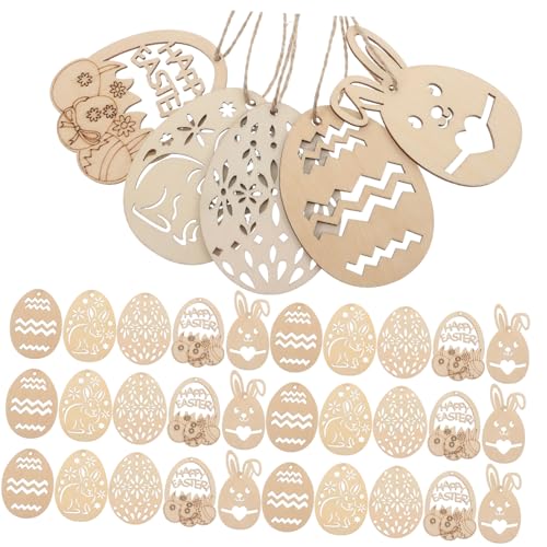 MUCKLILY 50 Stück Handgefertigte Hängedekorationen Heimdekoration DIY Ostereier Ausschnitt Hängeornamente DIY Osterhandwerk Holzausschnitt Frühlings Eier von MUCKLILY