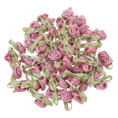MUELODSIC 100 Stück Satin Ribbon Roses mit Blättern Miniatur Stoff Rosen Applikationen für DIY Basteln Nähen und Hochzeitsdekoration Langlebige Handgemachte Blumen für Geschenkverpackungen von MUELODSIC