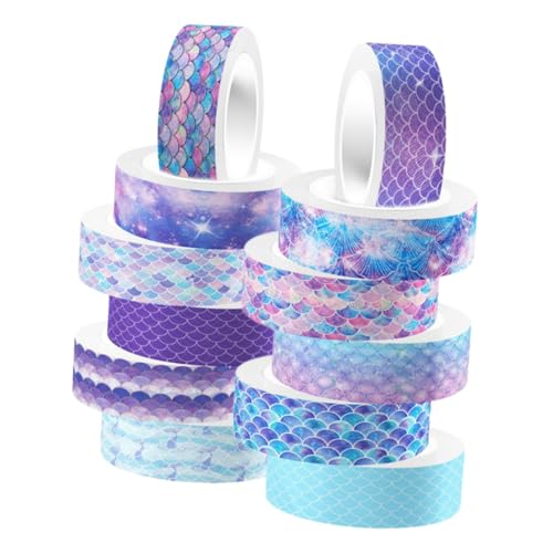 MUELODSIC 12 Rollen Mermaid Washi Tape Transparente Glitzer Bastelklebebänder mit Farbverlauf Selbstklebende Dekorative Papierbänder für Scrapbooking DIY Sticker Geschenkanhänger von MUELODSIC