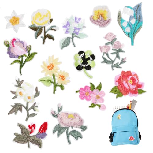 MUELODSIC 14 Stück Blumengestickte Kleidung bunt Aufnäher für Jeans Applikationen für Kleidung Reparatur Denim-Patches für Jeans sticken gestickte Aufnäher nähen Applikation nähen Stickgarn von MUELODSIC