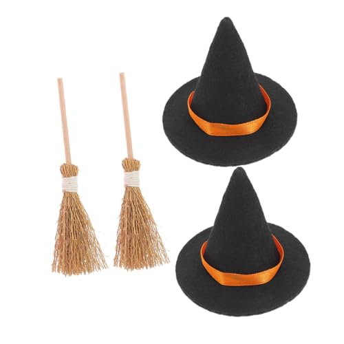 MUELODSIC 2 Sätze Halloween Mini Hexenhut und Besen Teiliges Miniatur Hexenhut Deko aus Natürlichem Stroh und Kleiner Besen für Puppenhaus Halloween Party und Basteldekoration von MUELODSIC