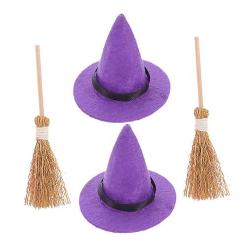MUELODSIC 2 Sätze Miniatur Hexenhüte und Besen Teilig Halloween Dekoartikel für Puppenhaus Handgefertigte Miniatur Hexenhut und Kleiner Besen für Halloween Party und Grusel Dekoration von MUELODSIC