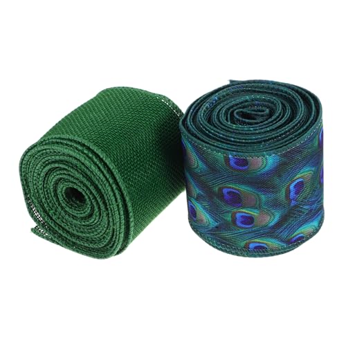 MUELODSIC 2 Stück Grüne Polyester Deko Bänder mit Drahtkante Breit Pfauenmusterbedruckt für Geschenkverpackung Kränze Diy Herbst und Weihnachtsdeko Vielseitig Einsetzbar von MUELODSIC