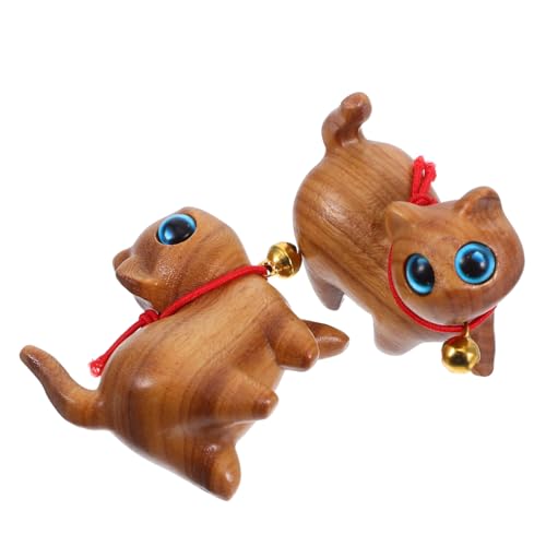 MUELODSIC 2 Stück Katzenstatue: Kleine Katzenstatue Aus Holz – Handgefertigte Kätzchenfigur Aus Holzschnitzerei – Handgeschnitztes Holztier Für Schreibtischzubehör von MUELODSIC