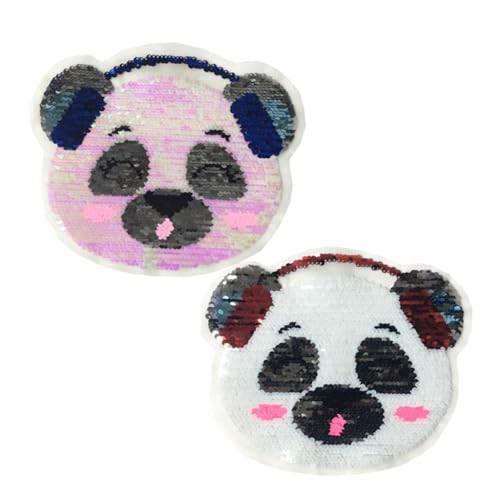 MUELODSIC 2 Stück Reversible Sequin Panda Aufnäher Farbwechselnde Tierpatches zum Aufnähen Cartoon Ohrhörer Langlebige Stickerei Applikationen für Kleidung und DIY Verzierung von MUELODSIC