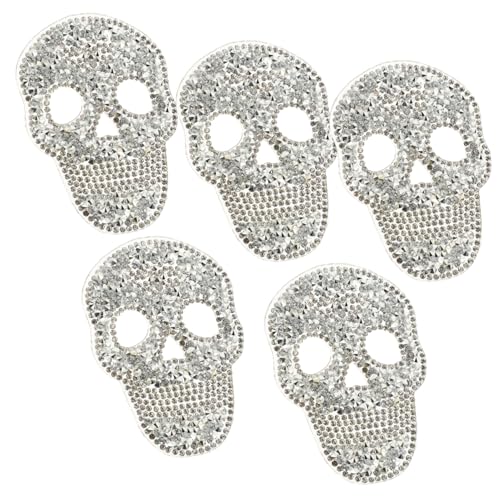 MUELODSIC 5 Stück Silberne Skull Aufnäher mit Strass Bügel und Nähpatches zum Aufbügeln und Reparieren von Kleidung Mützen Taschen DIY Dekorationsflicken mit Heißschmelzendem Kleber von MUELODSIC