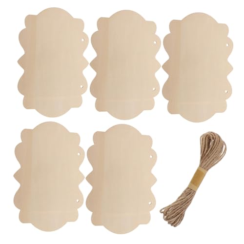 MUELODSIC 5 Stück Teiliges Unvollendete Holzschilder aus Basswood mit Kordel DIY Hängende Blanko-holztafel für Tür Wanddekoration zum Bemalen und Basteln Einfache Montage ohne Werkzeug von MUELODSIC