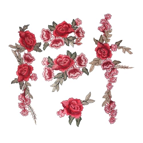 MUELODSIC 5 Stück Wasserlösliche Bestickte Blumen Aufnäher zum Aufnähen Rote DIY Applikationen für Kleidung Jacken Jeans Rucksäcke Strapazierfähige Patches zum Reparieren und Dekorieren von MUELODSIC