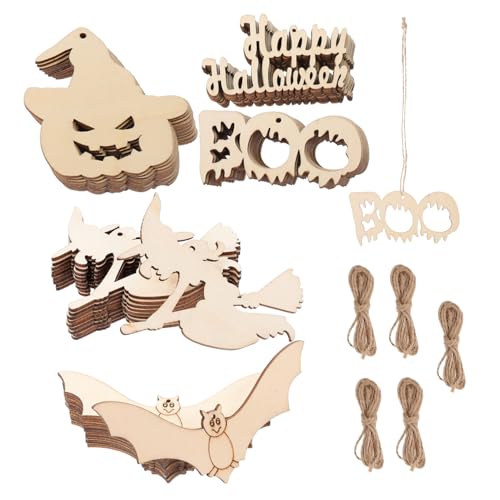 MUELODSIC 50 Stück Teiliges Halloween Holzscheiben Natürliche Holzanhänger mit Vielseitige DIY Dekorationen für Haus und Party Leicht Glatt Geschliffen Halloween Deko zum Aufhängen und von MUELODSIC