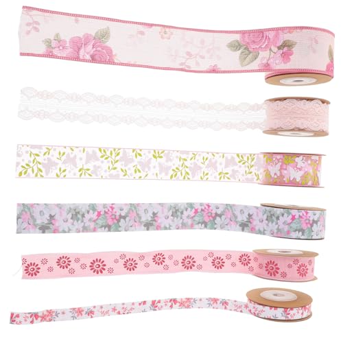 MUELODSIC 6 Rollen Polyester Geschenkband mit Blumenmuster Doppelseitig Gewebtes Dekoband Zuschneidbares Bastelband für Geschenke Party Hochzeitsdekoration Vielseitig Verwendbar von MUELODSIC