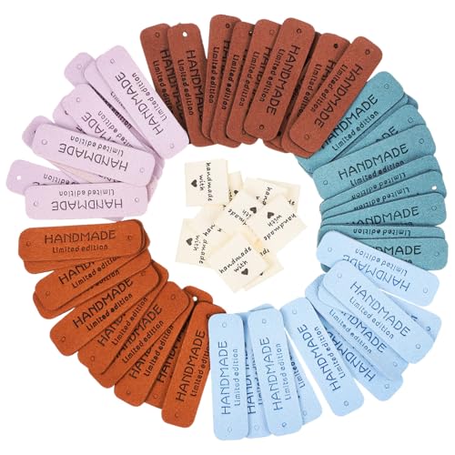 MUELODSIC 60 Stück Handmade Labels zum Annähen aus Leder und Stoff Geprägte Buchstaben und Herzmuster Bunte DIY Accessoires für Kleidung Taschen Hüte Schals Rucksäcke Puppen Dekoration von MUELODSIC