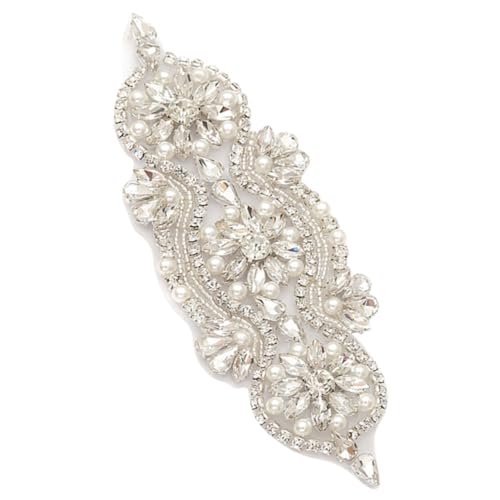 MUELODSIC Perlen Applikation mit Strass Selbstklebender Brautgürtel Schmuck Eleganter DIY Bekleidungs Patch für Hochzeitskleider Handarbeit Silberfarbene Vielseitig Einsetzbar von MUELODSIC