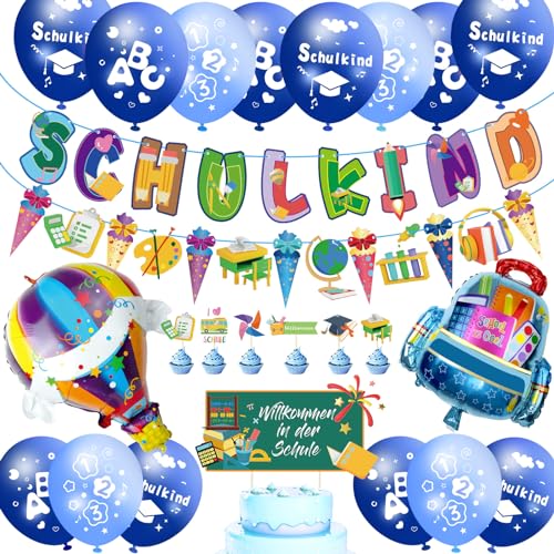 55 Stück Einschulung Deko Junge, Deko Einschulung Junge Mädchen SCHULKIND Girlande, Zuckertüten Banner, 18 Luftballons mit ABC 123 Schulkind Motiv, Tortendeko, 2 Folienballon Schulanfang Deko (Blau) von MUEZDUR