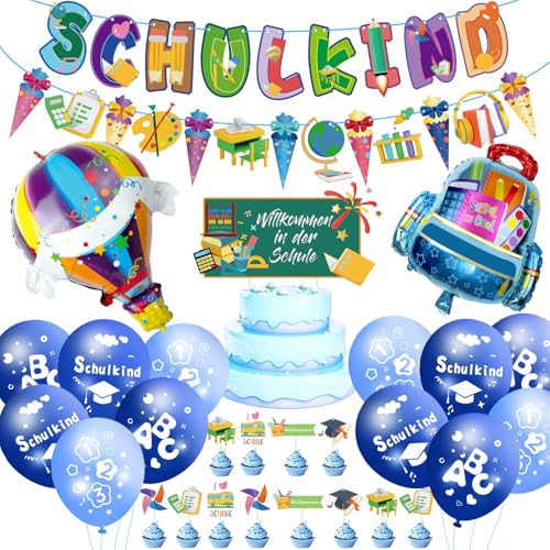 Blau Einschulung Deko, 55pcs Deko Einschulung Mädchen Set -SCHULKIND Girlande, Zuckertüten Girlande, Folienballon, 18 Luftballons mit ABC 123 Schulkind Motiv von MUEZDUR