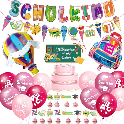 Einschulung Deko, 55pcs Deko Einschulung Mädchen Set -SCHULKIND Girlande, Zuckertüten Girlande, Folienballon, 18 Luftballons mit ABC 123 Schulkind Motiv Einschulung Deko, 55pcs Deko Einschulung Mädchen Set -SCHULKIND Girlande, Zuckertüten Girlande, Folienballon, 18 Luftballons mit ABC 123 Schulkind Motiv von MUEZDUR