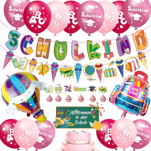 Einschulung Deko Mädchen, Deko Einschulung Mädchen SCHULKIND Girlande, Zuckertüten Banner, 18 Luft-ba-llons mit ABC 123 Schulkind Motiv, Konfetti,2 Folienba-llon Schulanfang Schuleinführung Deko(Rosa) von MUEZDUR