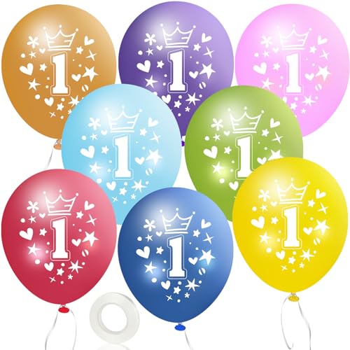 MUEZDUR 12 kunterbunte Luftballons 1. Geburtstag 30cm Luftballon Deko mit 1 Rollen Weiß Band, 1. Deko Geburtstag Mädchen Junge Jubiläum 1. Jahre Ballon Zahl 1 von MUEZDUR